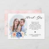 ネイビーブルー石板ダスティ赤面ピンクフローラ結婚ズ サンキューカード (正面/裏面)