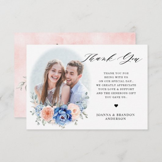 ネイビーブルー石板ダスティ赤面ピンクフローラ結婚ズ サンキューカード (正面/裏面)