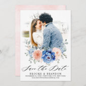 ネイビーブルー石板ダスティ赤面ピンクフローラ結婚ズ セーブザデート (正面/裏面)