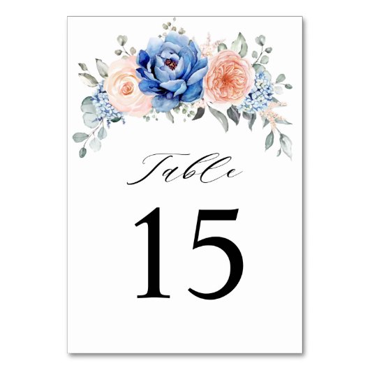 ネイビーブルー石板ダスティ赤面ピンクフローラ結婚ズ テーブルナンバー (正面)