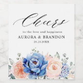 ネイビーブルー石板ダスティ赤面ピンクフローラ結婚ズ ワインラベル (シングルラベル)