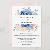 ネイビーブルー石板ダスティ赤面ピンクフローラ結婚ズ 招待状 (正面/裏面)