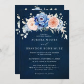 ネイビーブルー石板ダスティ赤面ピンクフローラ結婚ズ 招待状 (正面/裏面)