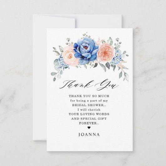 ネイビーブルー石板ダスティ赤面ピンクブライダルシャワー サンキューカード (正面)