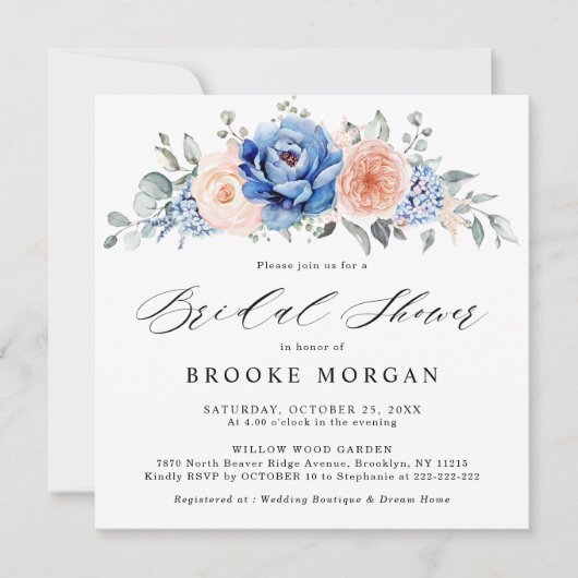 ネイビーブルー石板ダスティ赤面ピンクブライダルシャワー 招待状 (正面)