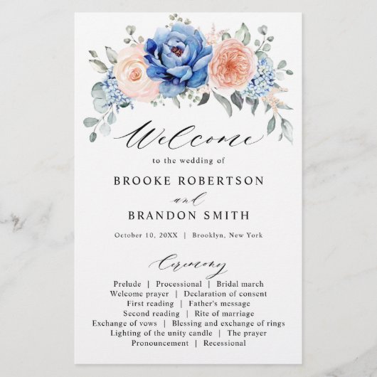 ネイビーブルー石板ダスティ赤面ピンク結婚式 プログラム (正面)