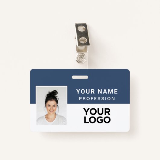 ネイビーブルー社企業の員写真名タグ バッジ (正面クリップ)