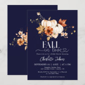 ネイビーブルー秋インラブデイジーパンプキンブライダルシャワー 招待状 (正面/裏面)
