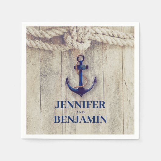ネイビーブルー素朴いかりド航海のウ結婚ッド スタンダードカクテルナプキン (正面)