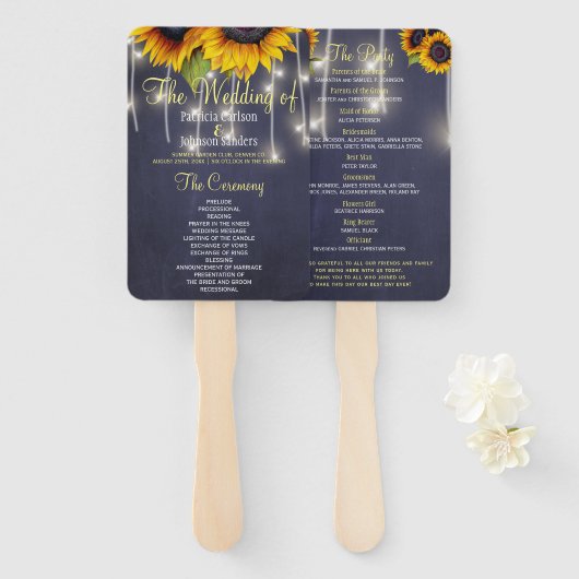 ネイビーブルー素朴なサンフラワーシックな結婚式プログラム ハンドファン (正面&裏面)