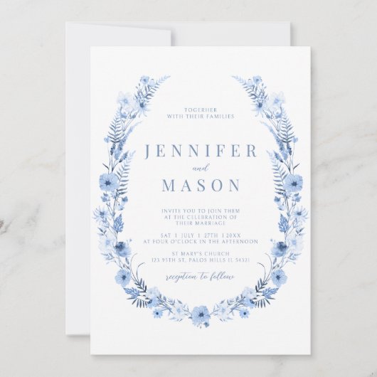 ネイビーブルー素朴なワイルドフラワー結婚式招待状 招待状 (正面)