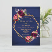 ネイビーブルー素朴な壁ブルゴーニュ花模様結婚ズ 招待状 (スタンド正面)