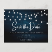 ネイビーブルー素朴ウッドのストリングライト日付を保存 ポストカード (正面)