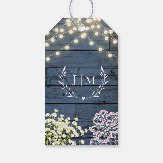 ネイビーブルー素朴ウッドストリングライト&レース結婚ズ ギフトタグ (裏面)