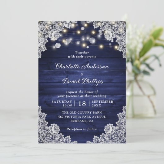 ネイビーブルー素朴ウッドストリングラ結婚イト 招待状 (スタンド正面)