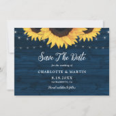 ネイビーブルー素朴ウッドハートひまわり結婚の セーブザデート (正面)