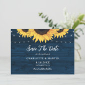 ネイビーブルー素朴ウッドハートひまわり結婚の セーブザデート (スタンド正面)