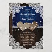 ネイビーブルー素朴ウッドバーラップとレース結婚ズ 招待状 (正面/裏面)