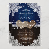 ネイビーブルー素朴ウッドバーラップとレース結婚ズ 招待状 (正面/裏面)