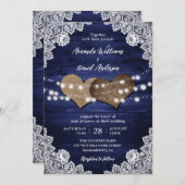 ネイビーブルー素朴ウッドバーラップレースラ結婚イト 招待状 (正面/裏面)