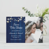 ネイビーブルー素朴ウッドライトウェディング日付を保存 案内状 (スタンド正面)