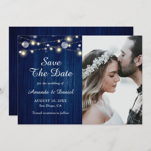 ネイビーブルー素朴ウッドライトウェディング日付を保存 案内状 (正面/裏面)