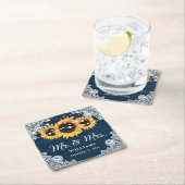 ネイビーブルー素朴ウッドレースサンフラワー結婚ズ スクエアペーパーコースター (インサイチュ)