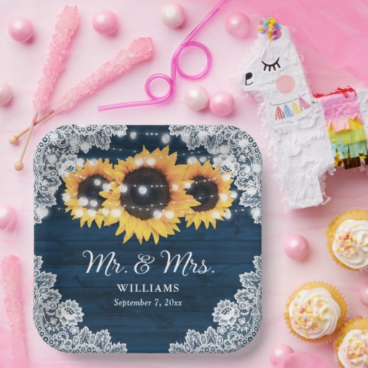 ネイビーブルー素朴ウッドレースサンフラワー結婚ズ ペーパープレート (パーティー)