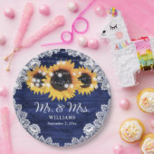 ネイビーブルー素朴ウッドレースサンフラワー結婚ズ ペーパープレート (パーティー)