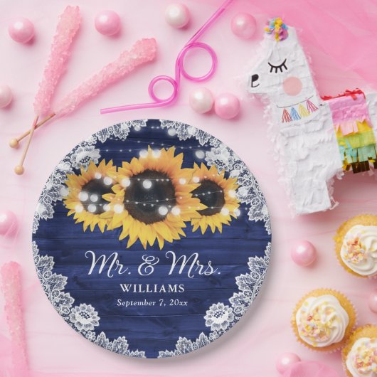 ネイビーブルー素朴ウッドレースサンフラワー結婚ズ ペーパープレート (パーティー)
