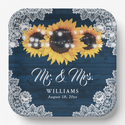 ネイビーブルー素朴ウッドレースサンフラワー結婚ズ ペーパープレート (正面)