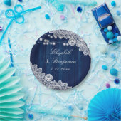 ネイビーブルー素朴ウッドレースストリングライト ペーパープレート (パーティー)