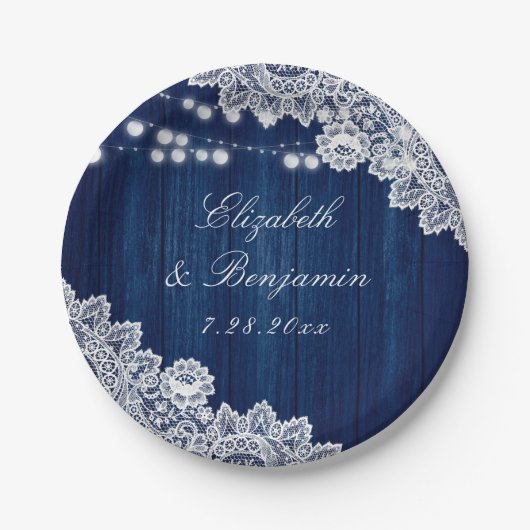 ネイビーブルー素朴ウッドレースストリングライト ペーパープレート (正面)