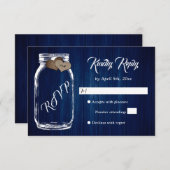 ネイビーブルー素朴カントリーウッドメイソンジャー結婚ズ 出欠カード (正面/裏面)