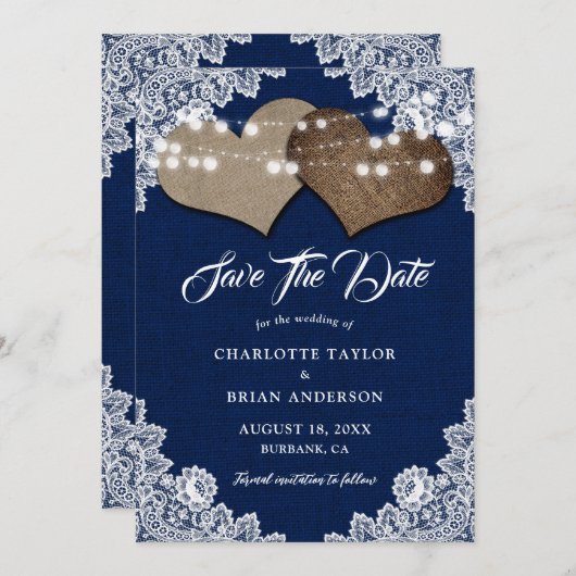 ネイビーブルー素朴カントリーフローラレース結婚ズ セーブザデート (正面/裏面)