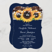 ネイビーブルー素朴サンフラワーカントリー結婚ウッド 招待状 (正面/裏面)