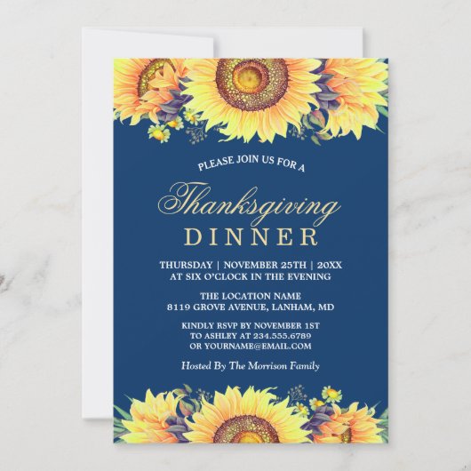 ネイビーブルー素朴サンフラワーサンクスギビング 招待状 (正面)