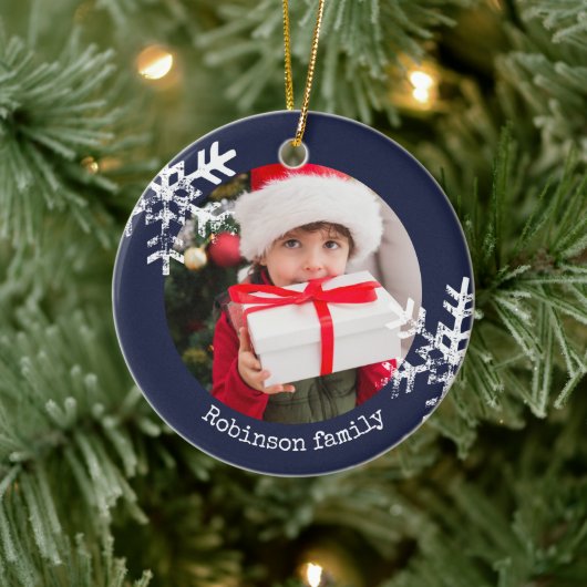 ネイビーブルー素朴サークルフォトオーナメント雪 セラミックオーナメント (ツリー)