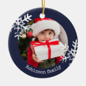 ネイビーブルー素朴サークルフォトオーナメント雪 セラミックオーナメント (正面)