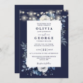 ネイビーブルー素朴ストリングライトのフローラ結婚ズ 招待状 (正面/裏面)