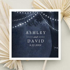 ネイビーブルー素朴ツリーライトイニシャル結婚ズ スタンダードカクテルナプキン