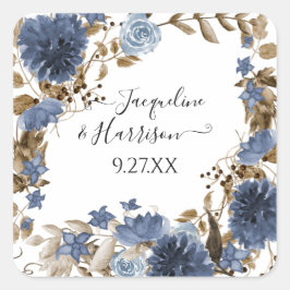 ネイビーブルー素朴フローラの水色結婚の葉 スクエアシール