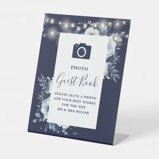 ネイビーブルー素朴フローラフォトゲストブ結婚ック 台座サイン (正面)