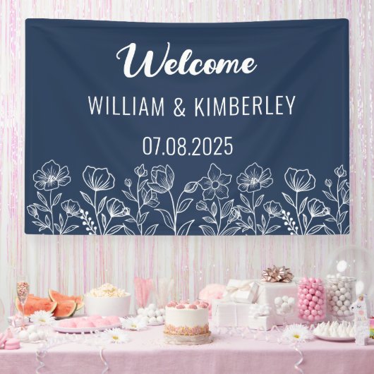 ネイビーブルー素朴フローラモダン結婚ズ 横断幕 (パーティー)