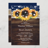ネイビーブルー素朴ラップとレースサンフラワー結婚ズ 招待状 (正面/裏面)