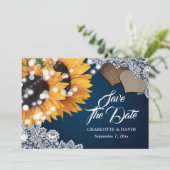 ネイビーブルー素朴レースハートサンフラワー結婚ズ セーブザデート (スタンド正面)