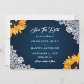 ネイビーブルー素朴レースハートサンフラワー結婚ズ セーブザデート (裏面)