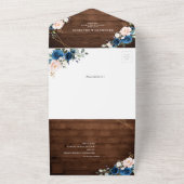 ネイビーブルー素朴赤面ウッド金ゴールドジオメト結婚リ オールインワン招待状 (外側)