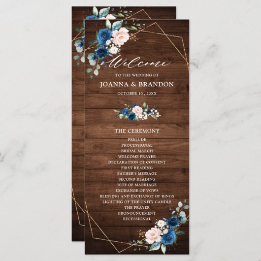 ネイビーブルー素朴赤面ウッド金ゴールドジオメト結婚リ プログラム (正面/裏面)