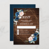 ネイビーブルー素朴赤面ウッド金ゴールドジオメト結婚リ 出欠カード (正面/裏面)